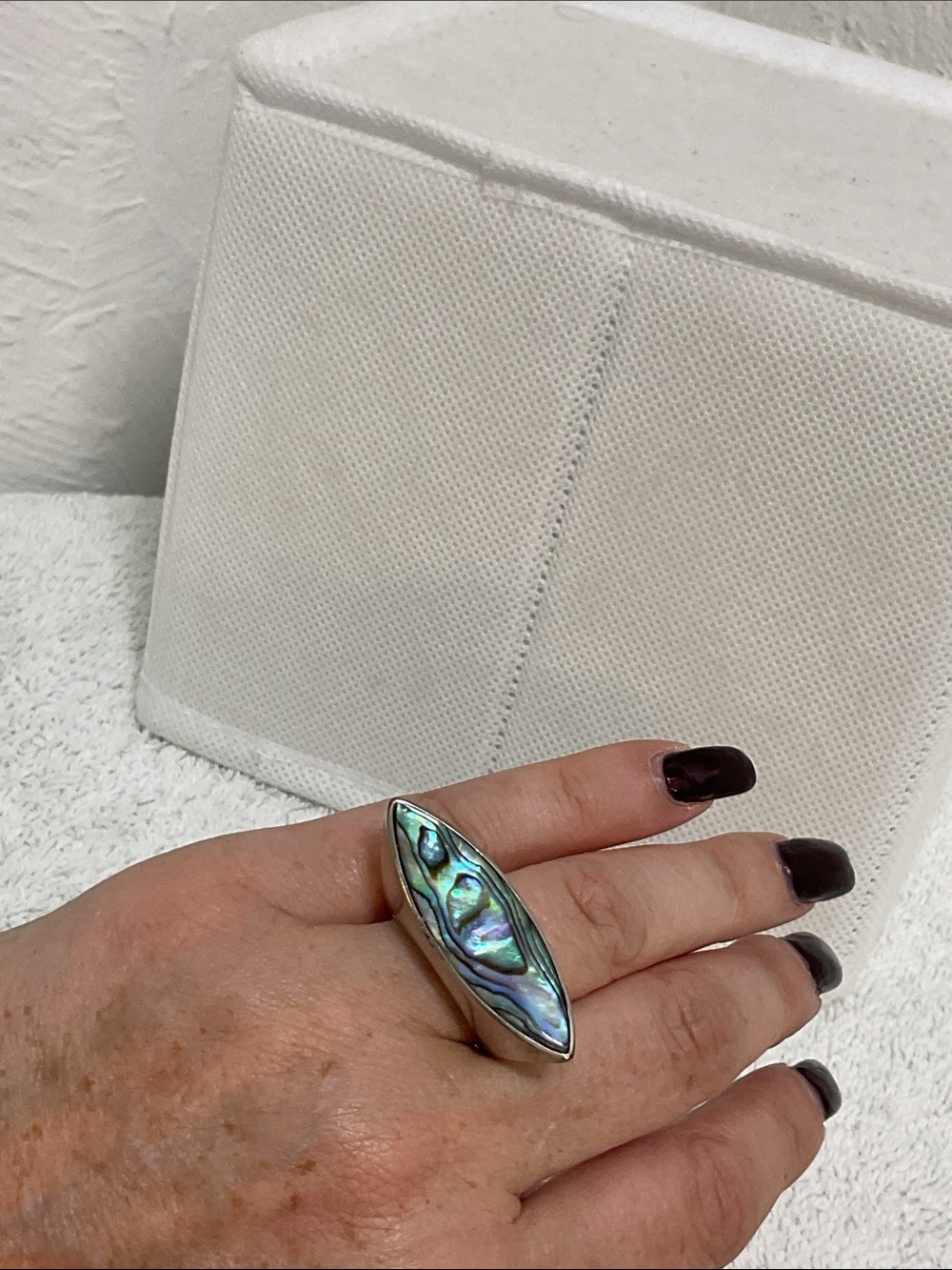 Modernist Iridescent Abalone Shell Marquise Ring Silver Tone Size 8